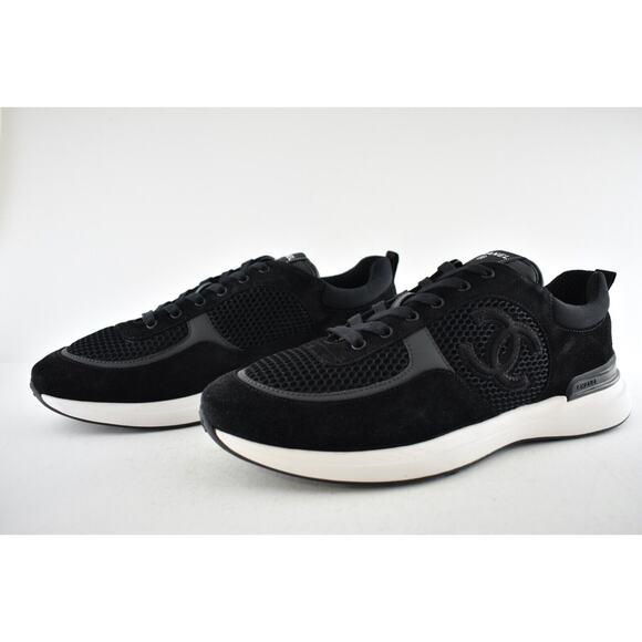Chanel 22P Mens Black White Suede CC Logo Low Top Lace Up Trainer Sneaker 45 12 - Picture 10 of 12